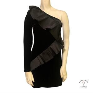 Express One Shoulder Black Mini Dress 4 Velvet Satin Ruffled Cocktail LBD
